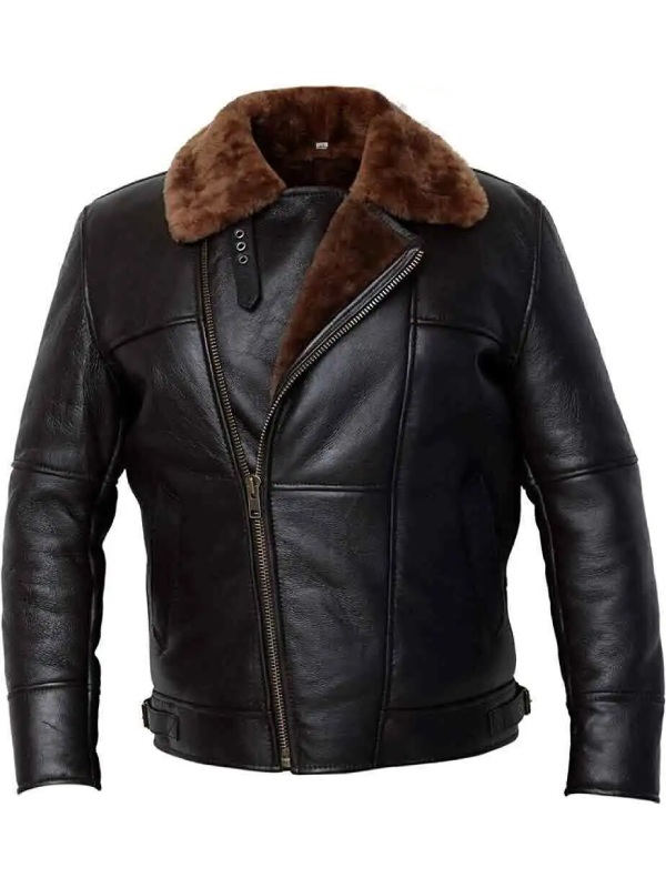 Men's Black Aviator Bomber Fur Shearling Leather Jacket NHW Mart