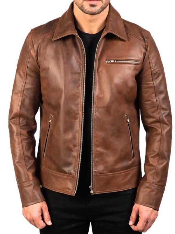 Brown Vintage Leather Jacket with Shirt Collar-The NHW Mart