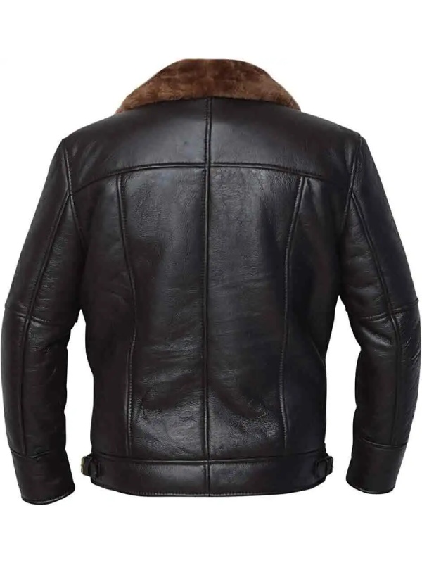 Black aviator bomber fur shearling sheepskin leather jacket for men