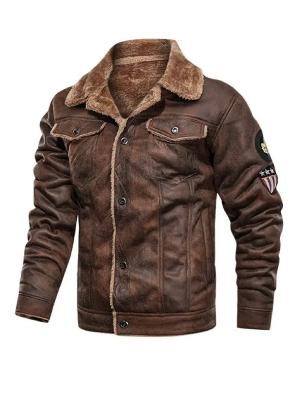 Vintage Leather Jacket for Men with Brown Fur Collar