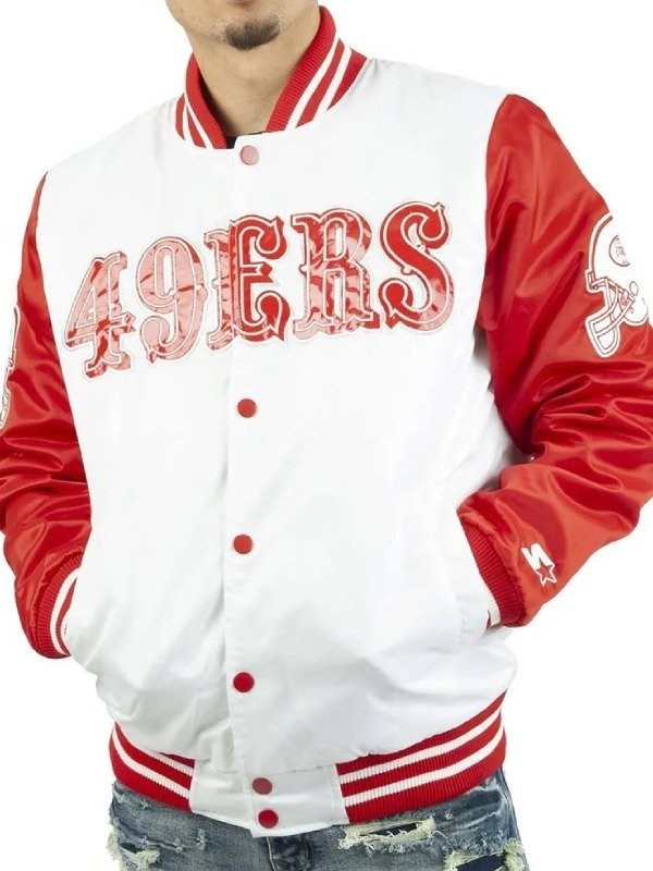 NFL San Francisco 49ers Full-Snap Varsity Satin Jacket, Red and White