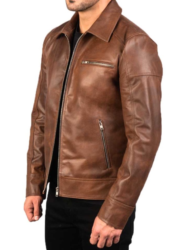 Brown Vintage Leather Jacket with Shirt Collar